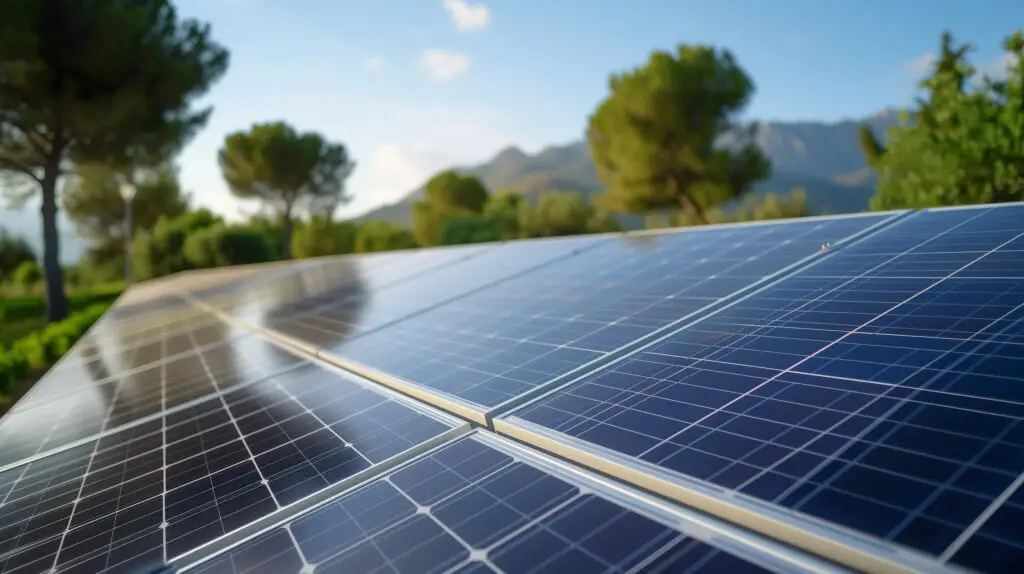 solar panels on a sunny day against a backdrop of trees and mountains